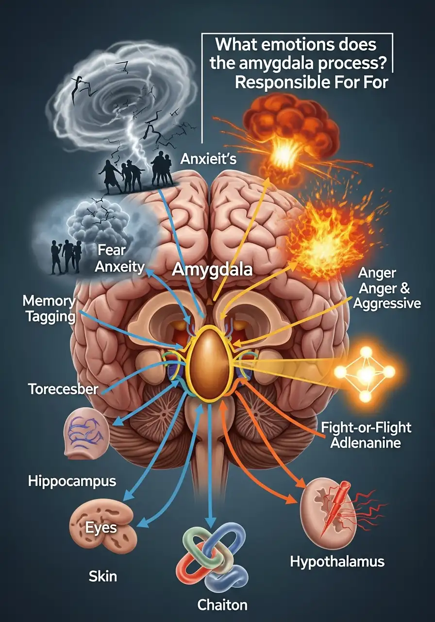 What emotions does the amygdala process, Responsible For